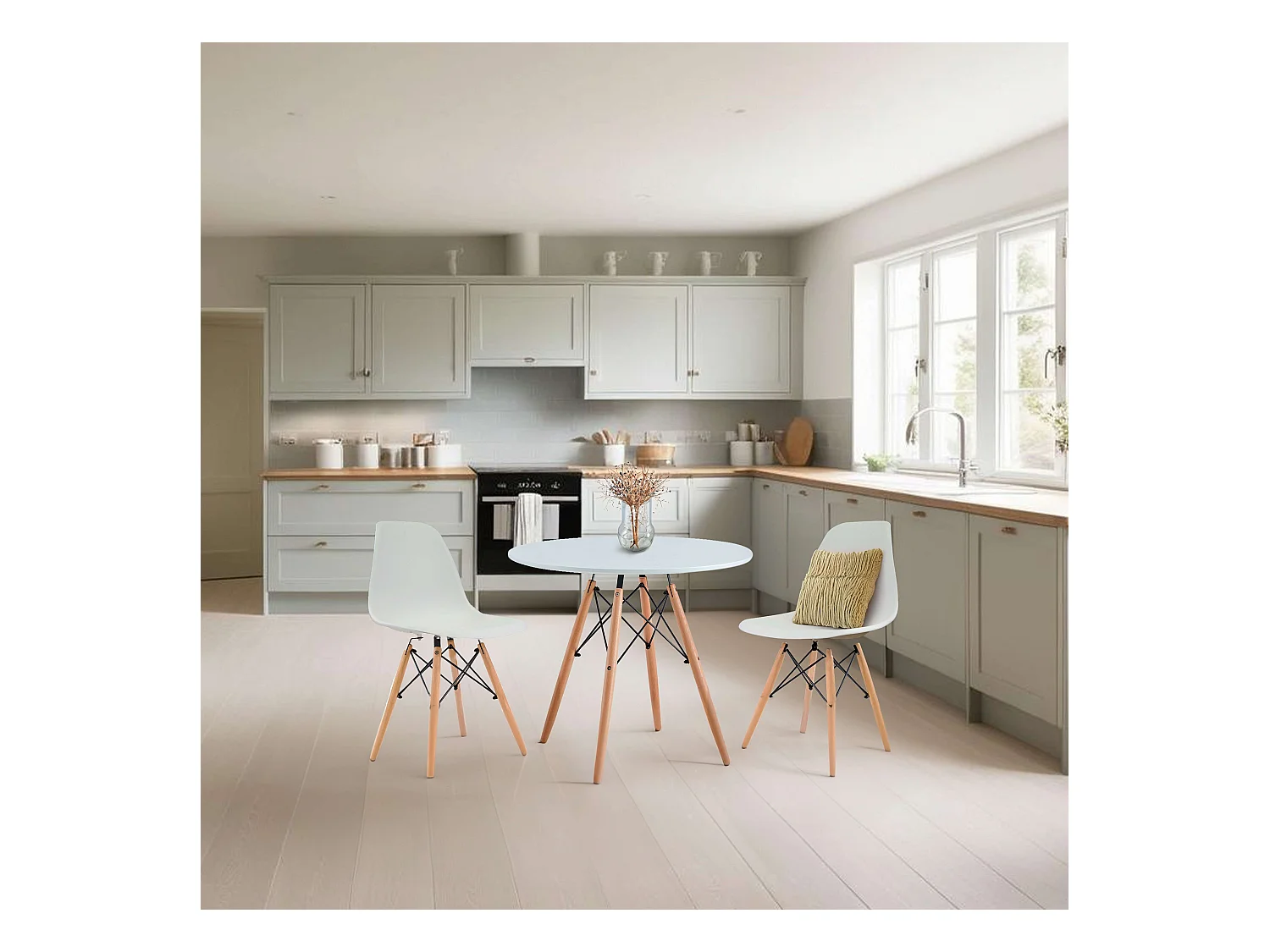 Conjunto Mesa Redonda Tower Cocina 2 Sillas Vintage Nórdico Blanco y Roble