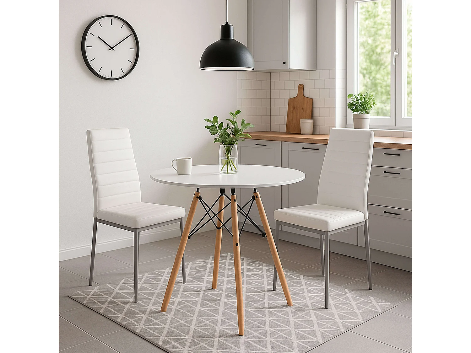 Conjunto Mesa Redonda Tower Cocina 2 Sillas Vintage Nórdico Blanco y Roble