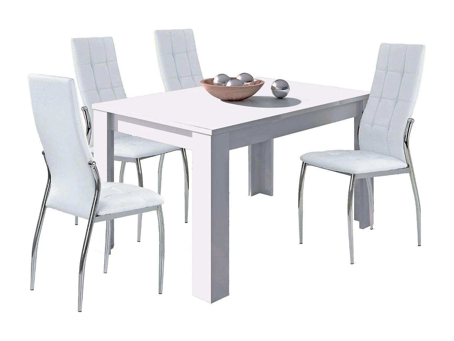 Pack comedor mesa ext. blanco mate con 4 sillas Laci polipiel patas gris