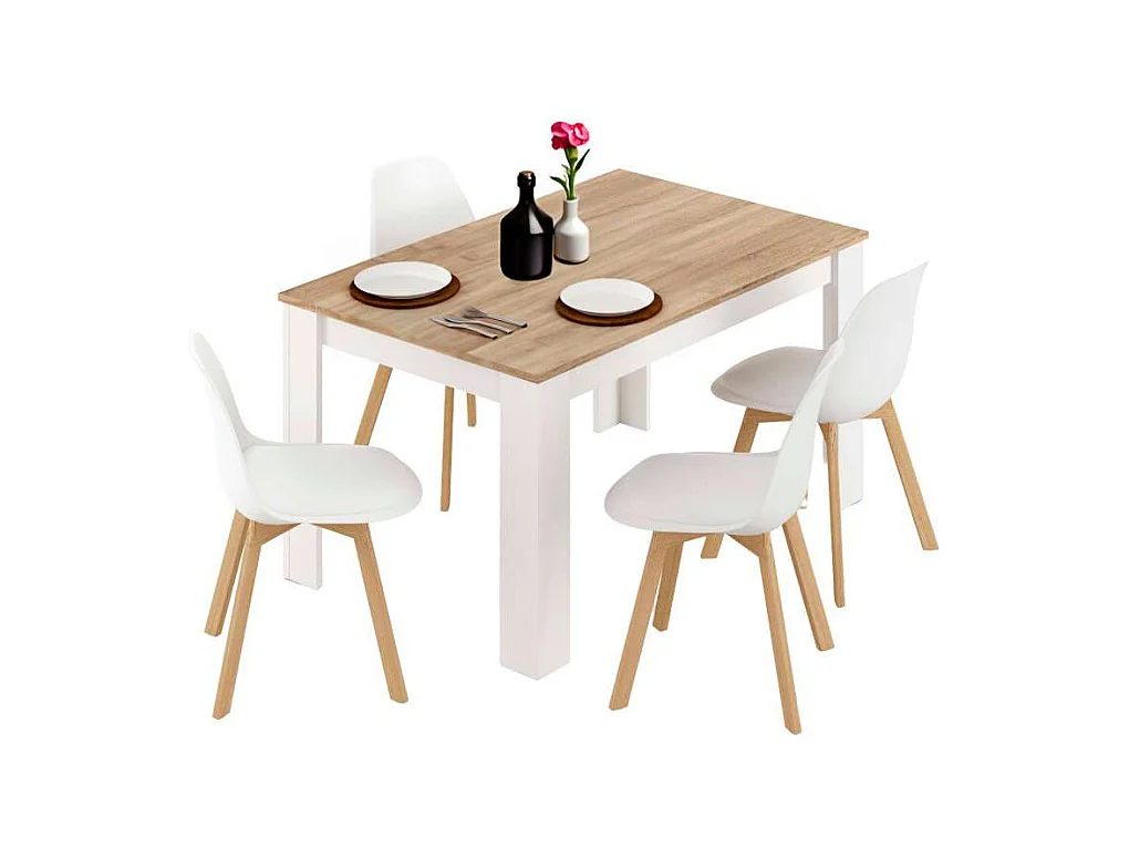 Conjunto Mesa y 4 Sillas Nórdico Blanco Mate, Roble Canadian