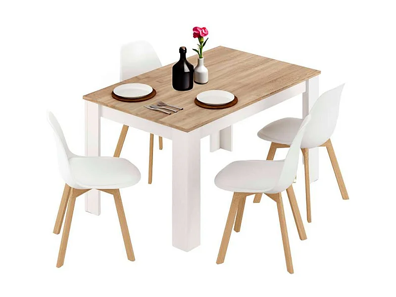 Conjunto Mesa y 4 Sillas Nórdico Blanco Mate, Roble Canadian