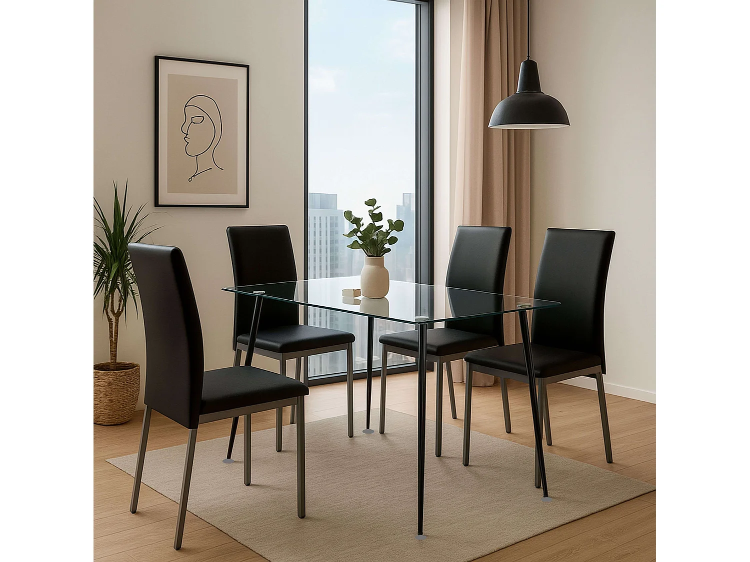 Pack comedor Saona negro cristal metal (Mesa fija + 4 sillas)
