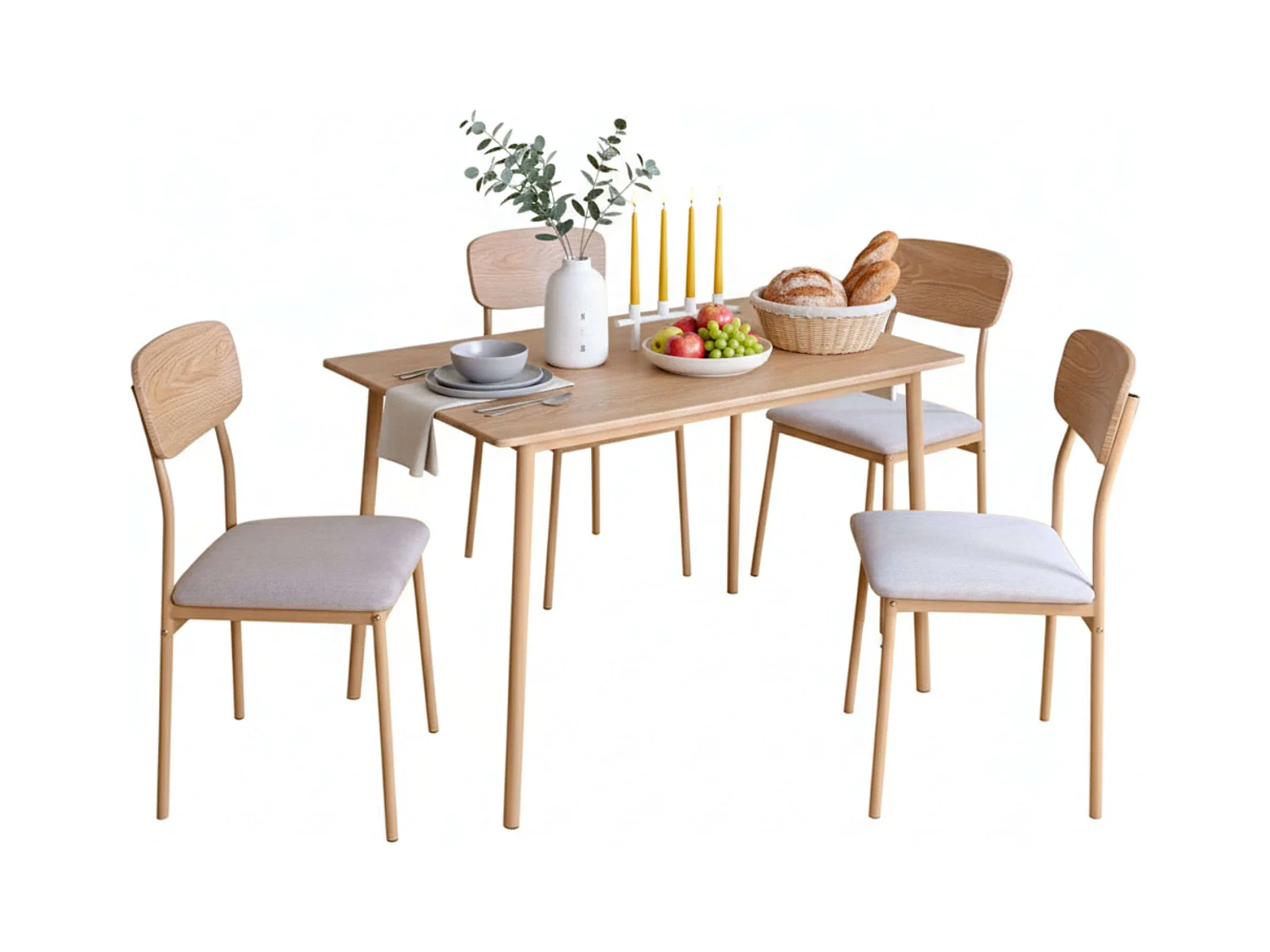 Set mesa comedor Vex roble claro/champagne + 4 sillas metal/madera 110x76,4x70 cm