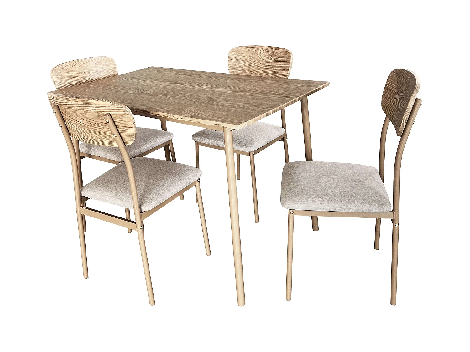 Set mesa comedor Vex roble claro/champagne + 4 sillas metal/madera 110x76,4x70 cm