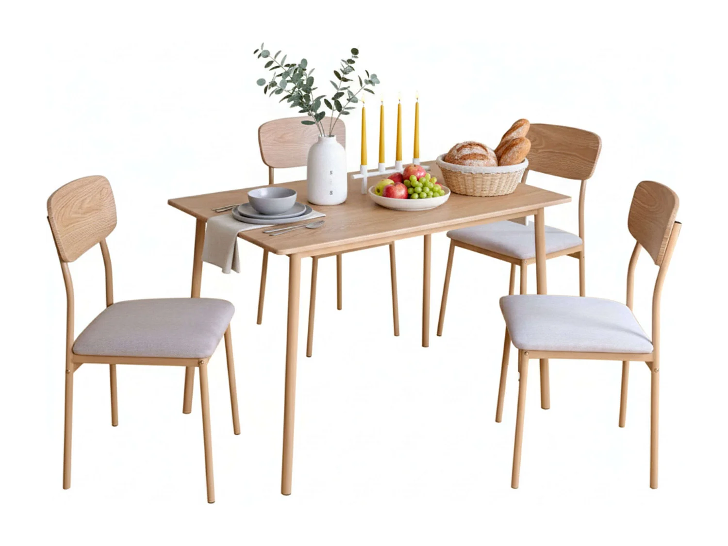 Set mesa comedor Vex roble claro/champagne + 4 sillas metal/madera 110x76,4x70 cm