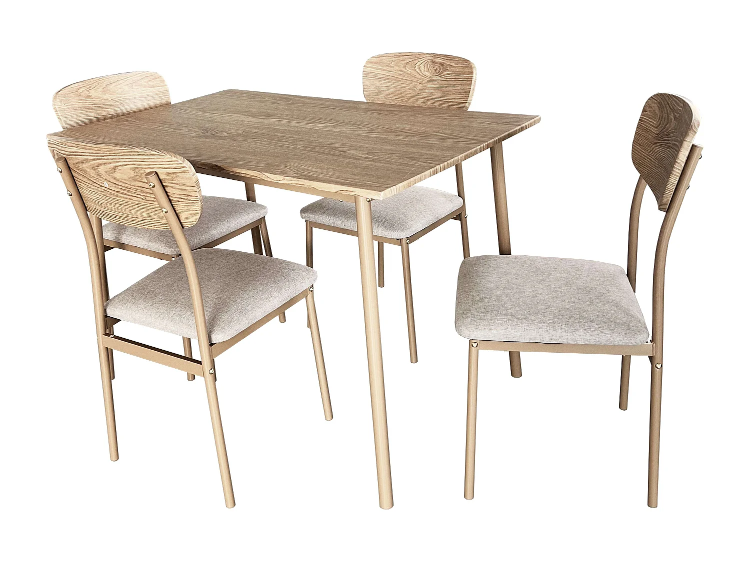 Set mesa comedor Vex roble claro/champagne + 4 sillas metal/madera 110x76,4x70 cm