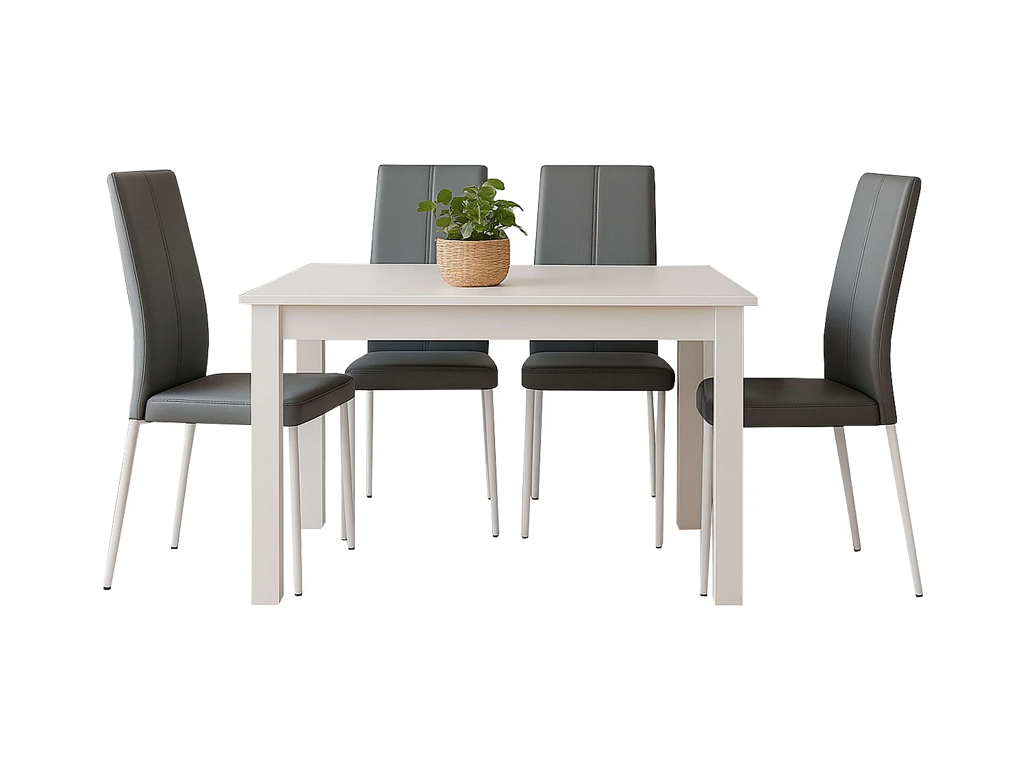 Pack mesa comedor fija + 4 sillas Sora gris/blanco (melamina/polipiel)