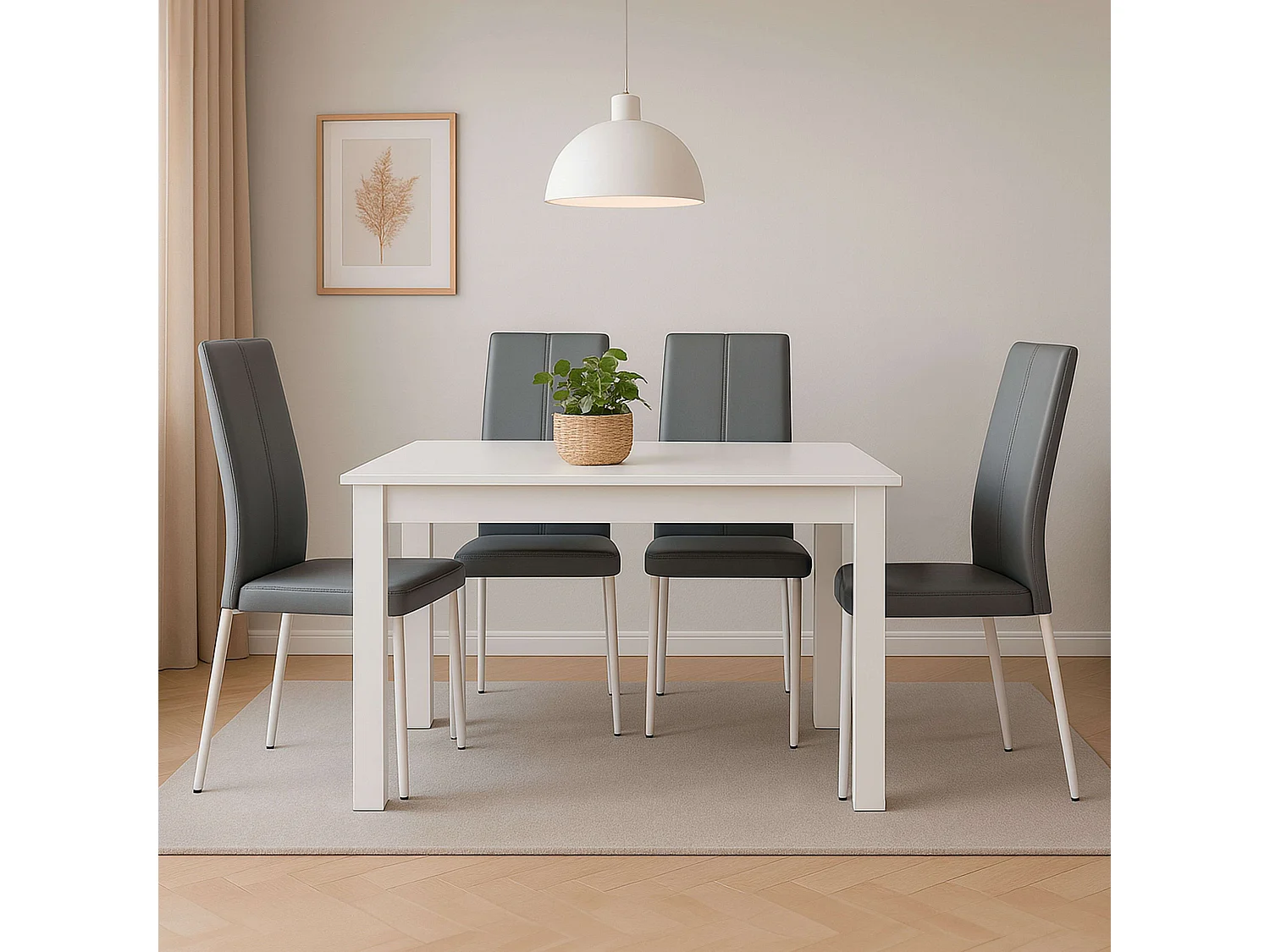 Pack mesa comedor fija + 4 sillas Sora gris/blanco (melamina/polipiel)