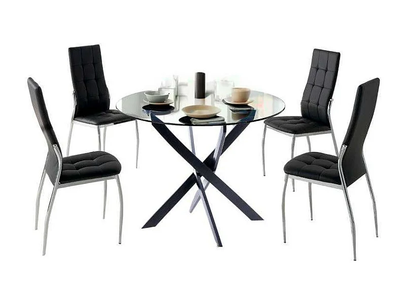 Pack Mesa Comedor Redonda Cristal + 4 Sillas Modernas Negro