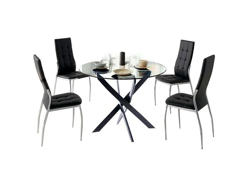 Pack Mesa Comedor Redonda Cristal + 4 Sillas Modernas Negro