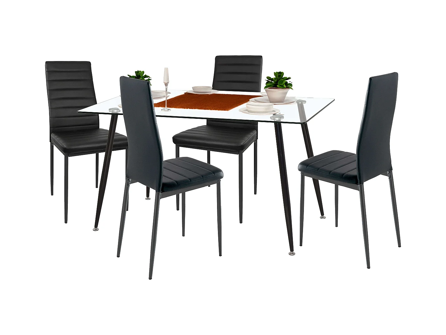 Pack Mesa Fija Cristal + 4 Sillas Modernas Negro