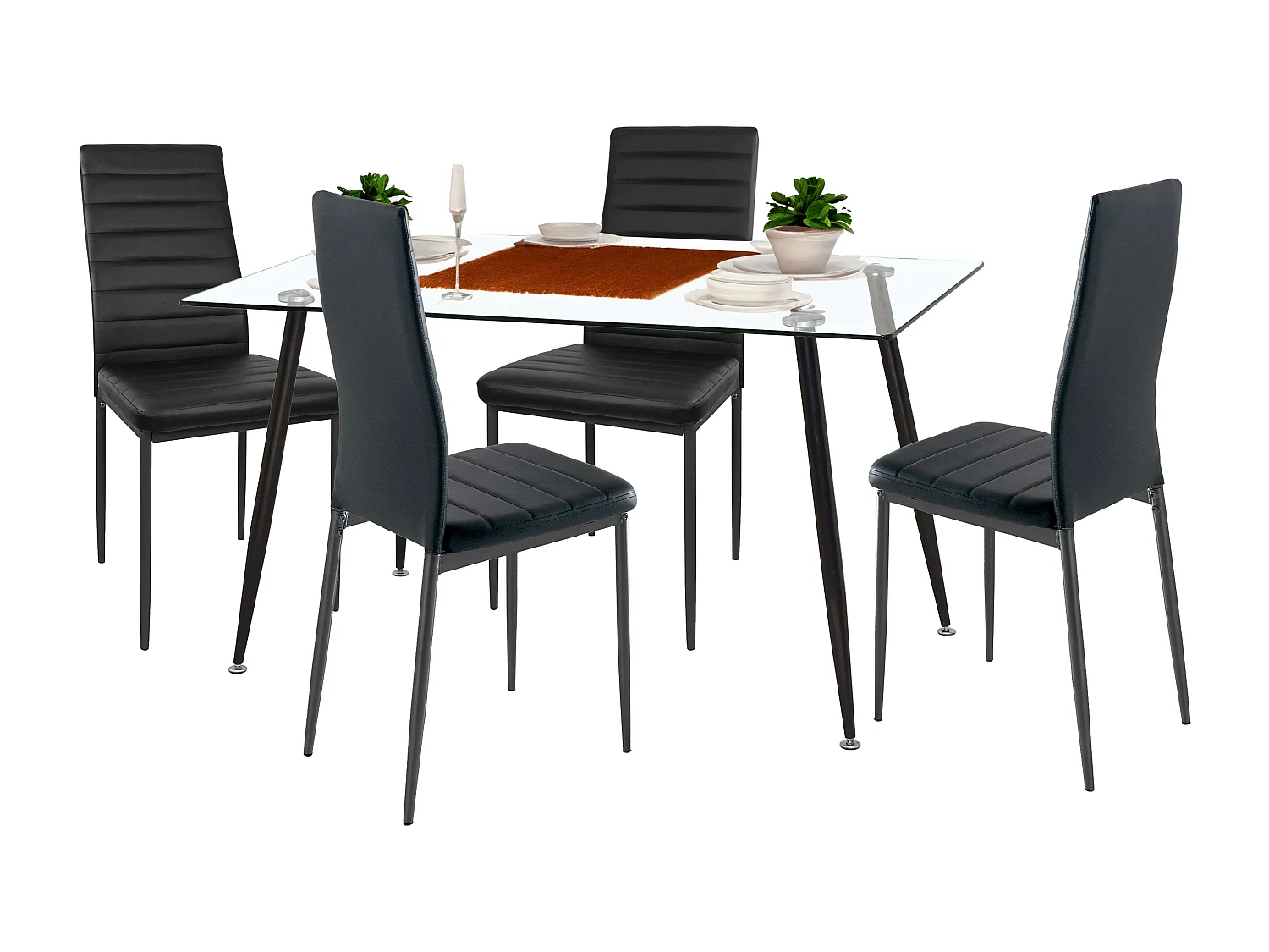 Pack Mesa Fija Cristal + 4 Sillas Modernas Negro