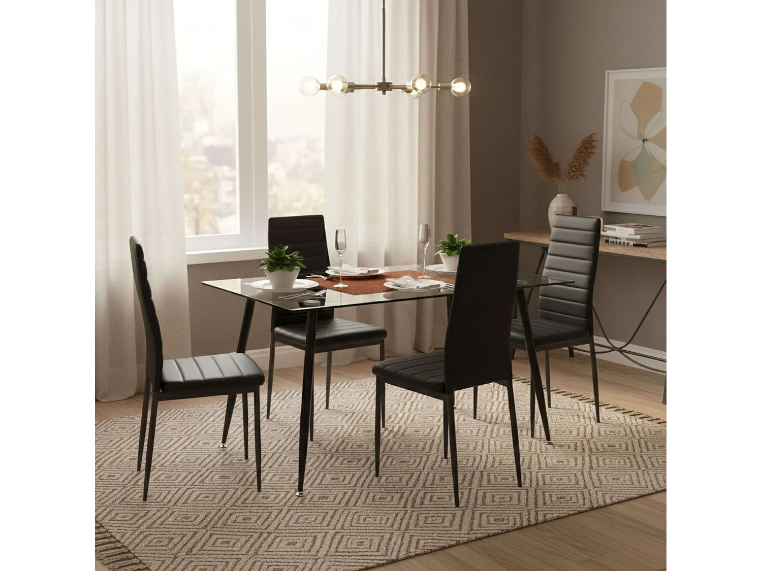 Pack Mesa Fija Cristal + 4 Sillas Modernas Negro