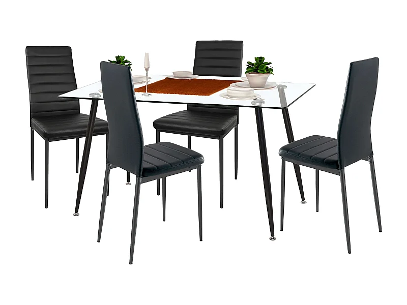 Pack Mesa Fija Cristal + 4 Sillas Modernas Negro