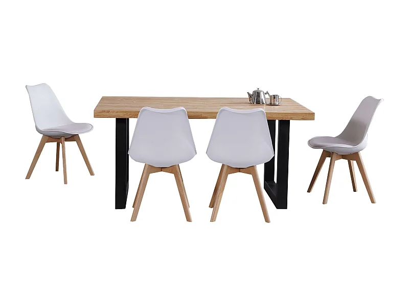 Pack Mesa Loft Industrial Roble/Negro + 4 Sillas Nórdicas Blanco/Roble