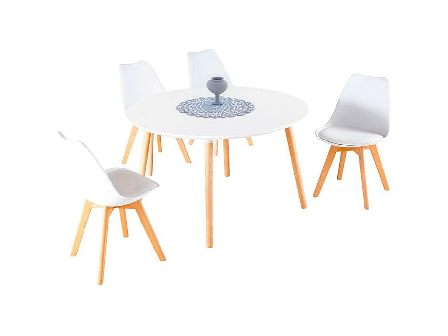Pack Mesa y 4 Sillas Comedor Nórdico Moderno Blanco Roble Patas Madera