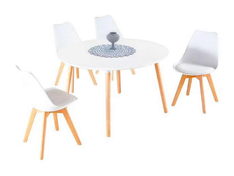 Pack Mesa y 4 Sillas Comedor Nórdico Moderno Blanco Roble Patas Madera