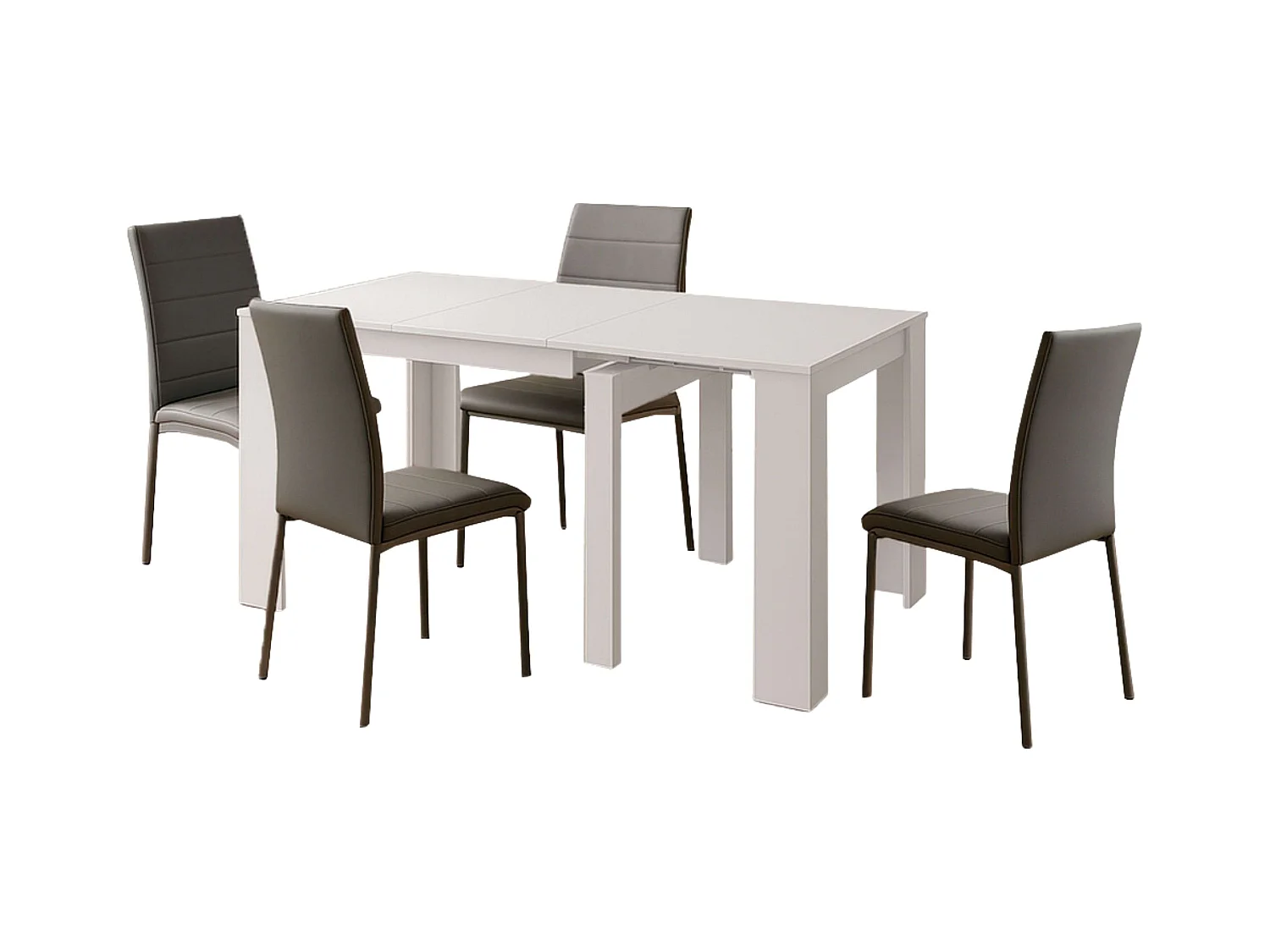 Pack comedor mesa ext. 51 a 237 cm y 4 sillas Meli en blanco y gris