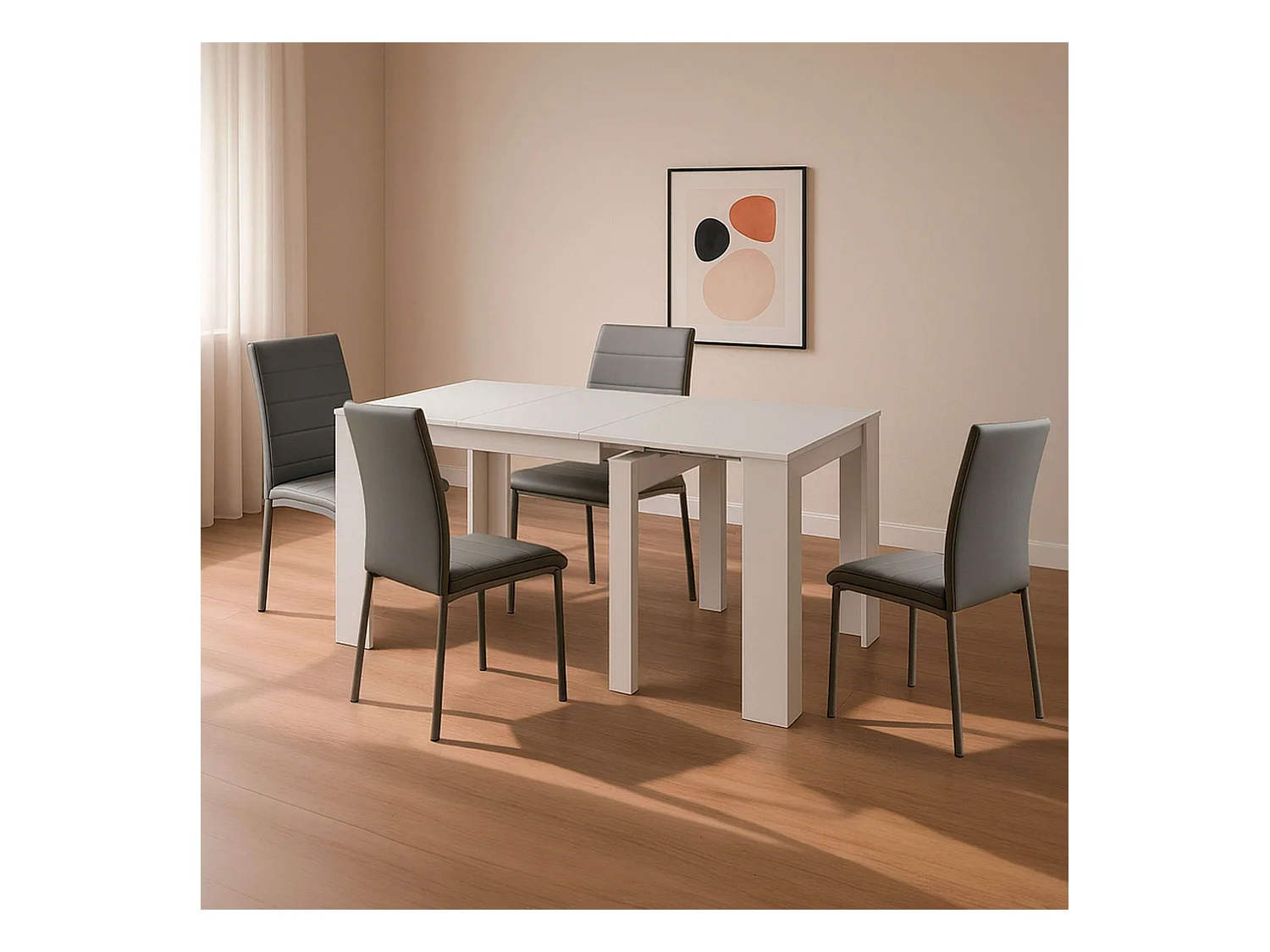 Pack comedor mesa ext. 51 a 237 cm y 4 sillas Meli en blanco y gris