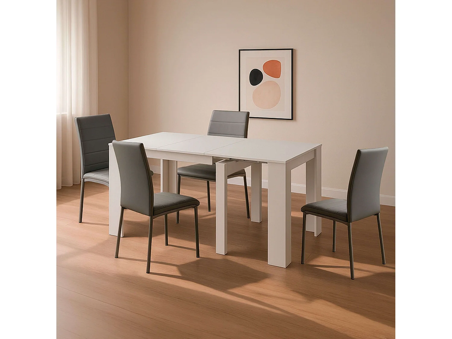 Pack comedor mesa ext. 51 a 237 cm y 4 sillas Meli en blanco y gris