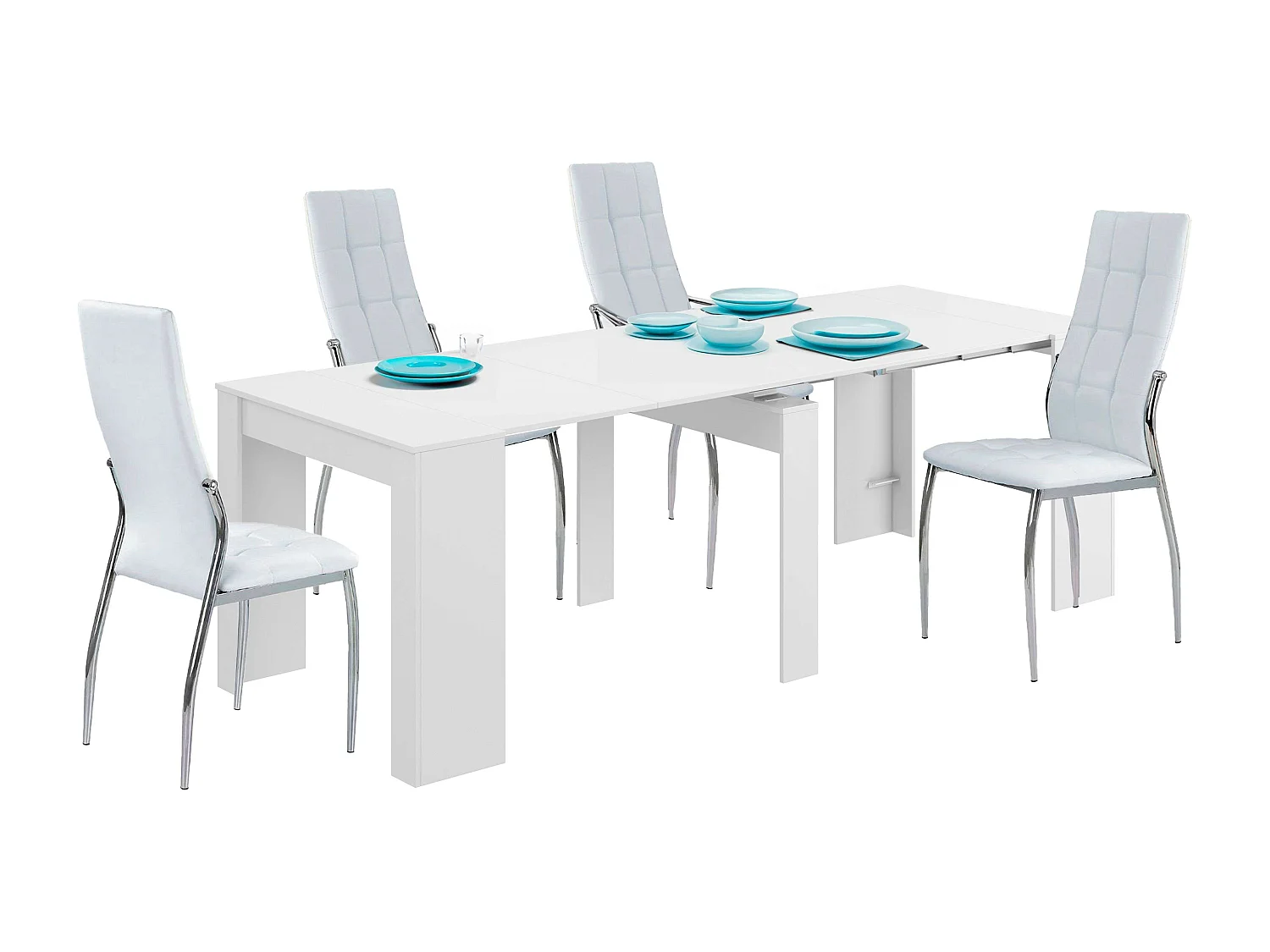 Pack muebles comedor Train blanco (mesa ext. melamina + 4 sillas metal polipiel)