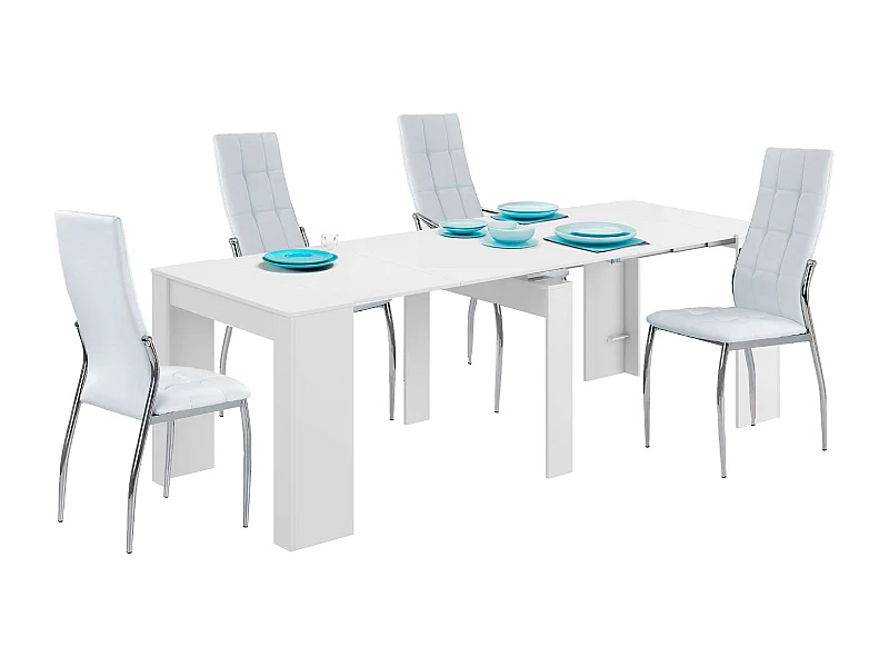 Pack muebles comedor Train blanco (mesa ext. melamina + 4 sillas metal polipiel)