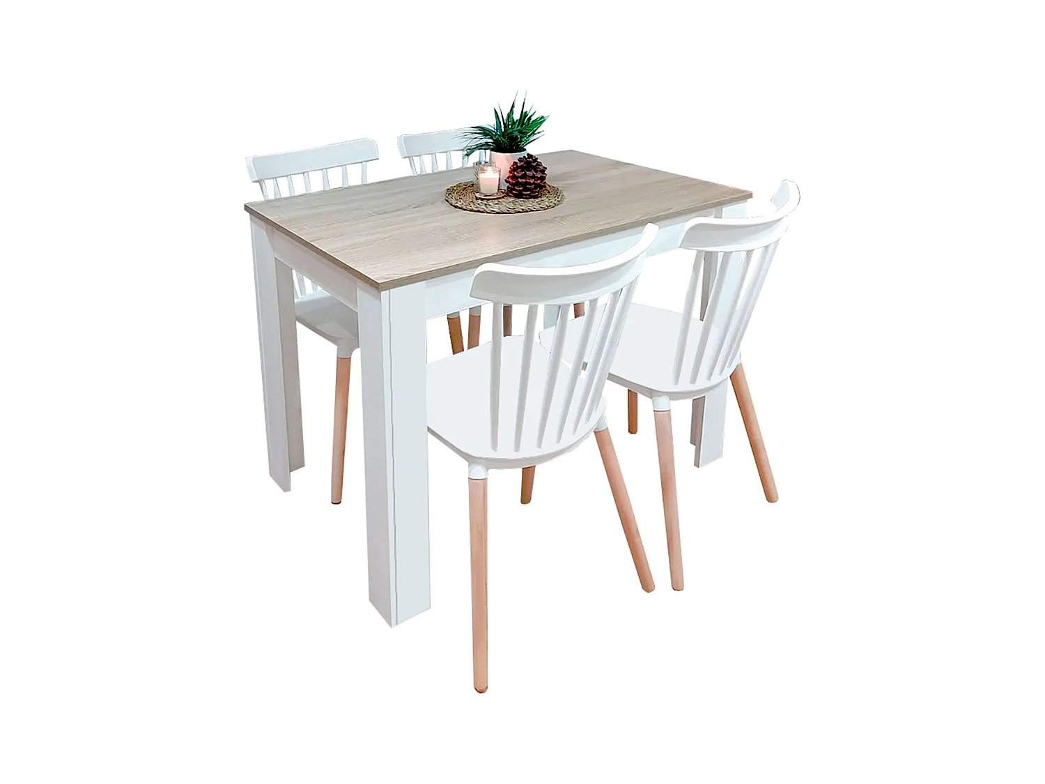 Pack comedor mesa roble Canadian/Blanco Artik + 4 sillas Alna blancas