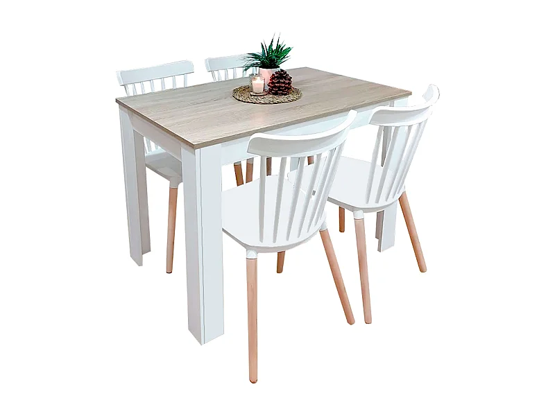 Pack comedor mesa roble Canadian/Blanco Artik + 4 sillas Alna blancas