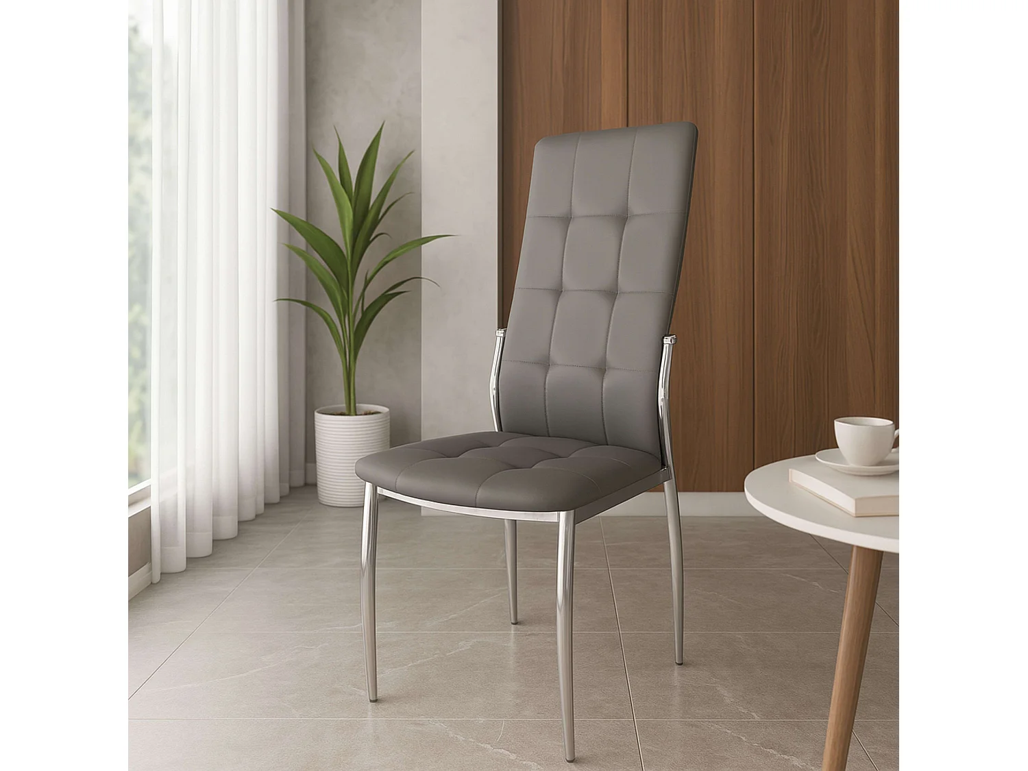 Pack de 4 Sillas de Comedor Salón Laci, Polipiel Cromadas Gris 45x101x51 cm