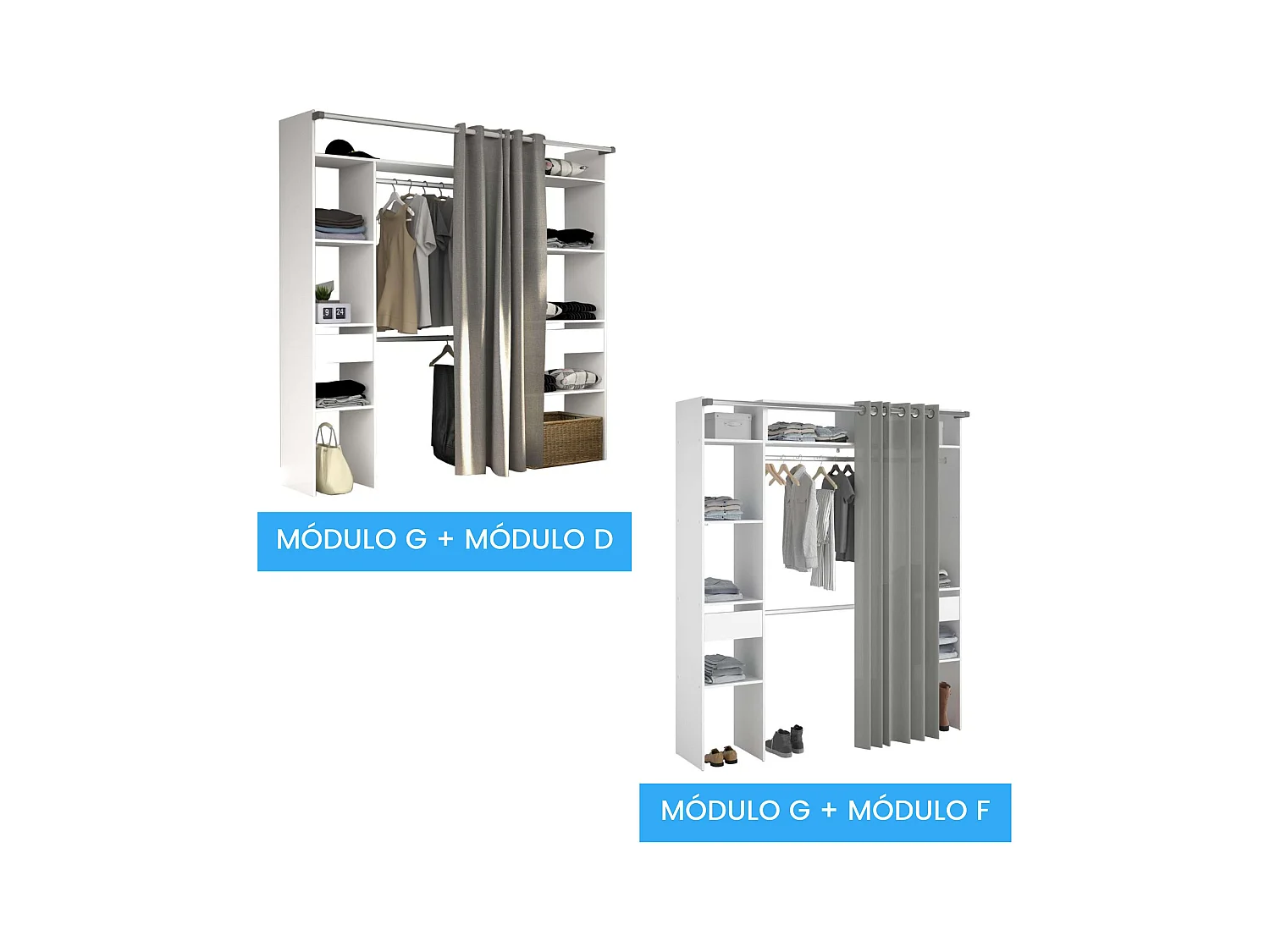 Vestidor Modular Abierto Custom Blanco con Modulo G 4 Estantes 138x180 cm