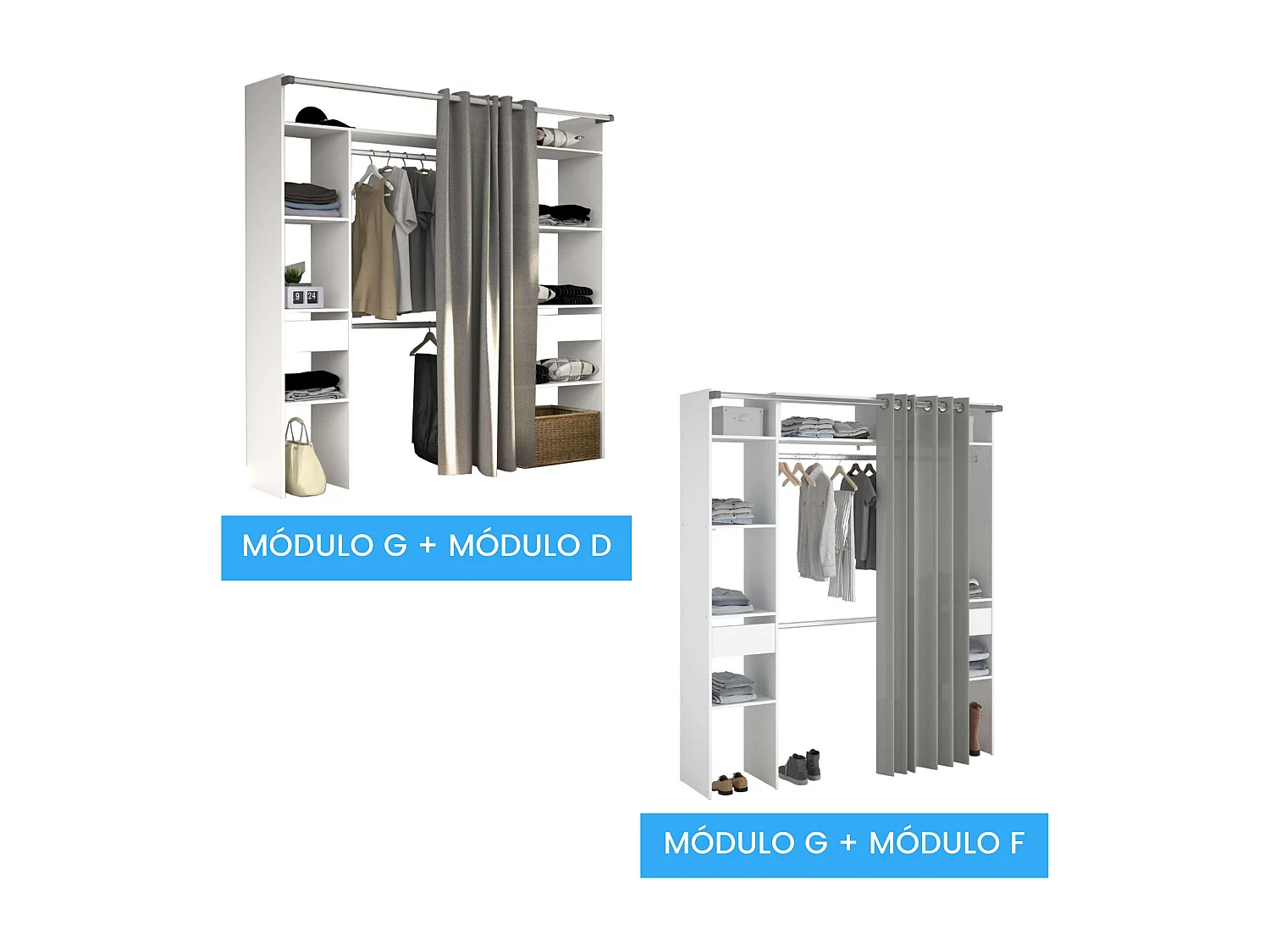 Vestidor Modular Abierto Custom Blanco con Modulo G 4 Estantes 138x180 cm