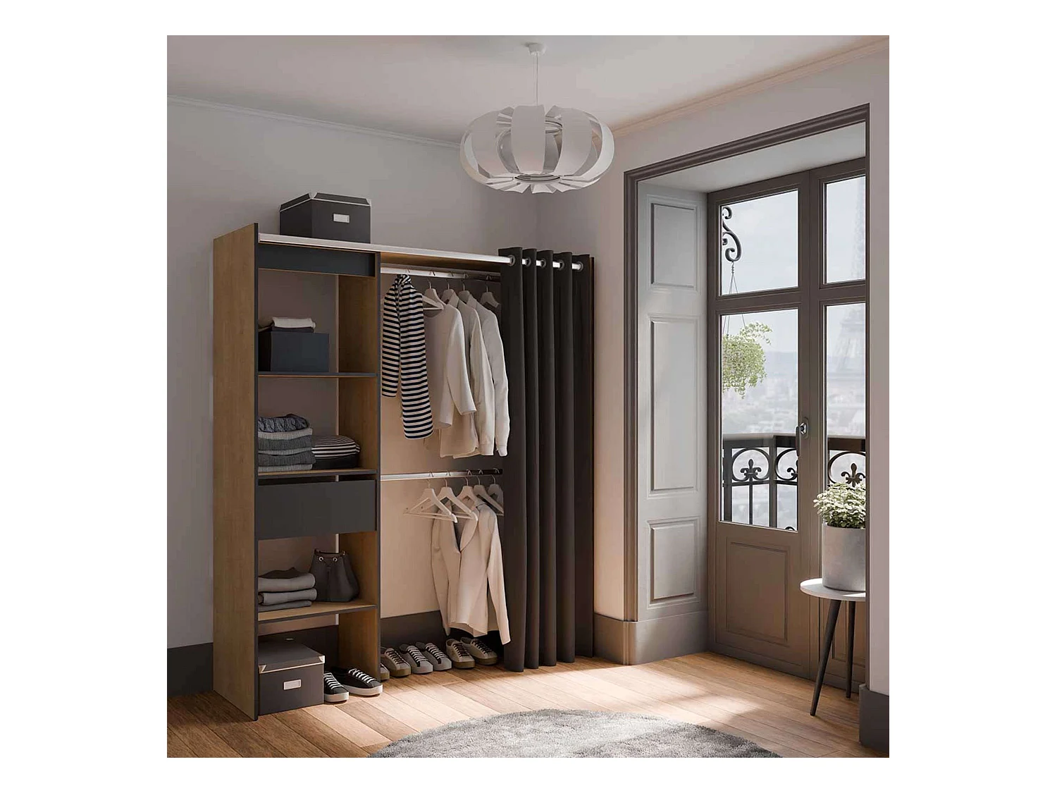 Armario Extensible 2 Barras, Estantes y Cajón, 187x168x50 cm