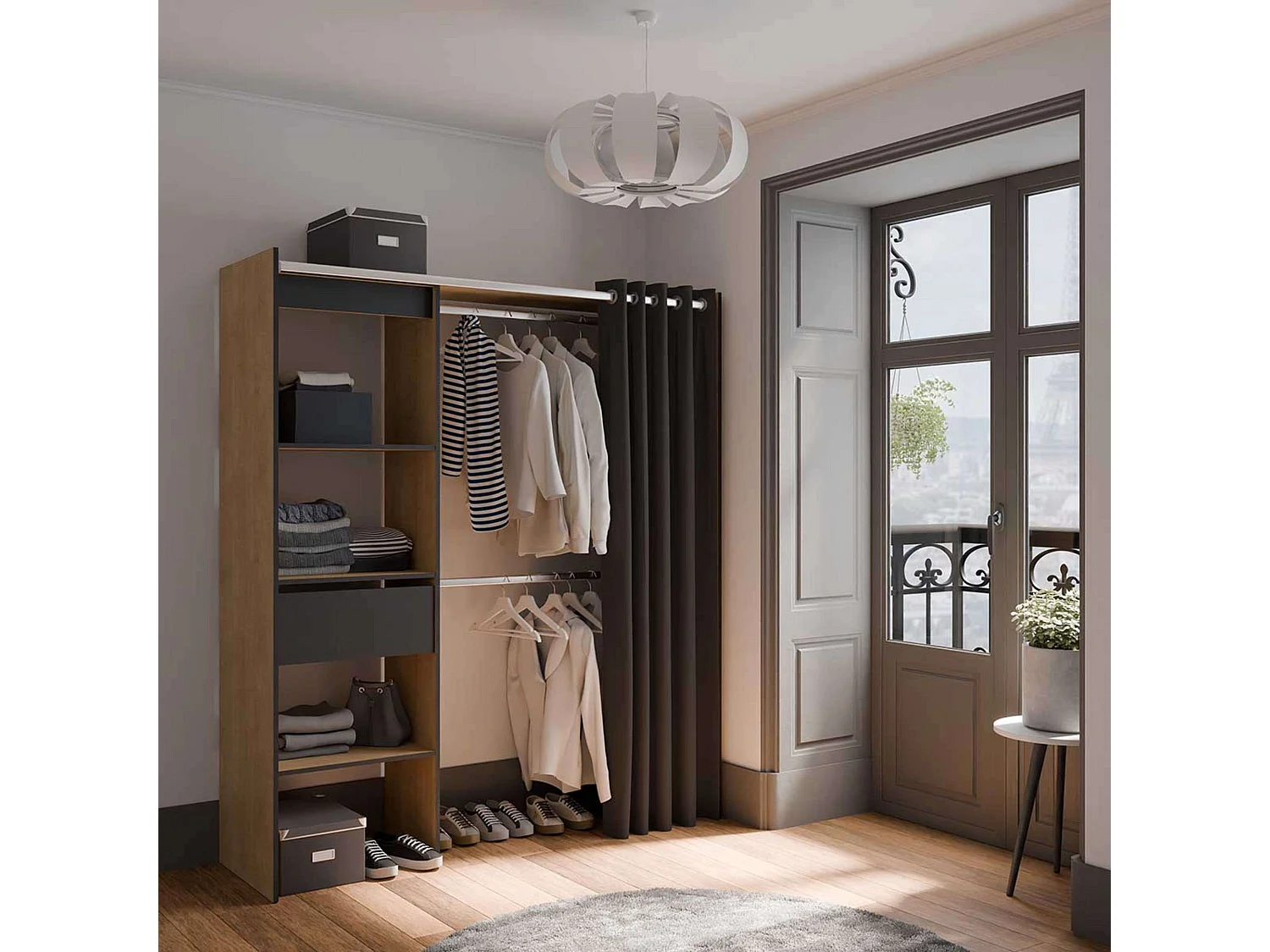 Armario Extensible 2 Barras, Estantes y Cajón, 187x168x50 cm