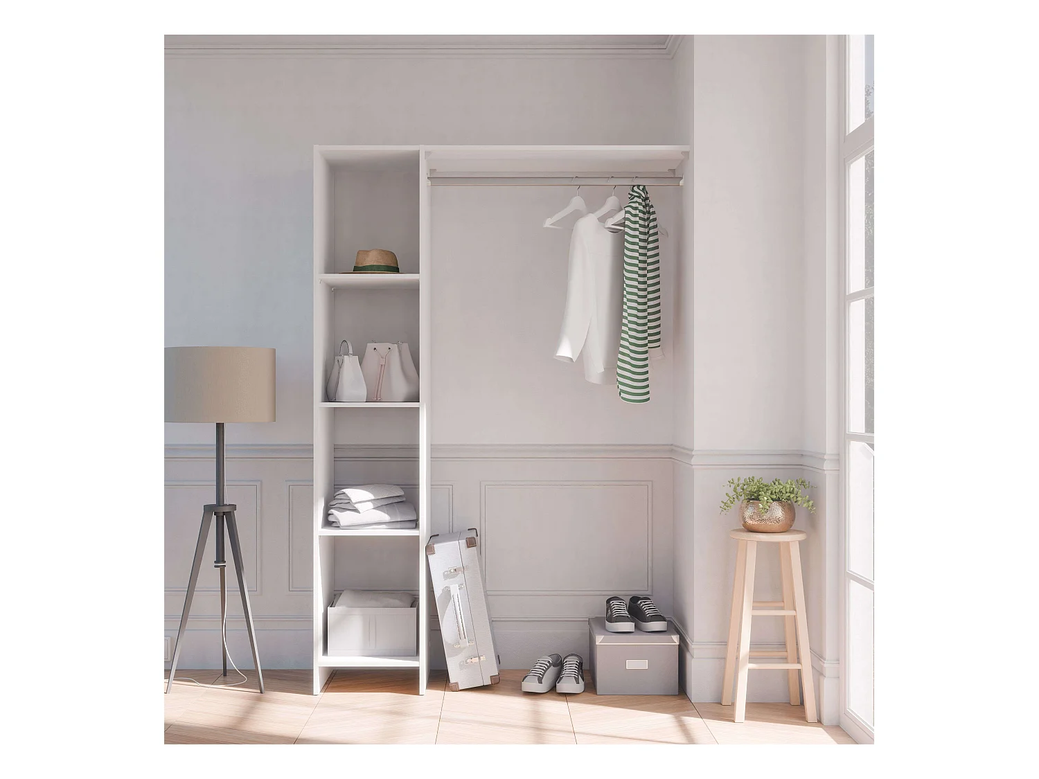 Dressing mural Barbara pour chambre à coucher, 4 étagères, bar, blanc, 123 x 180 x 40 cm