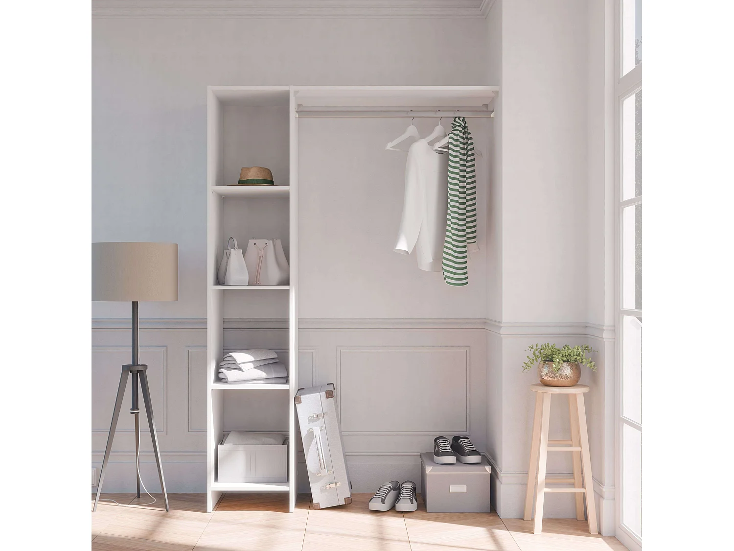 Dressing mural Barbara pour chambre à coucher, 4 étagères, bar, blanc, 123 x 180 x 40 cm