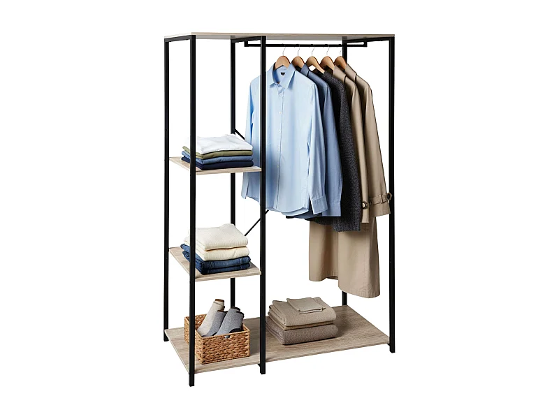 Camarim aberto com 3 prateleiras e cabide, madeira clara/preto, 90x167x40 cm