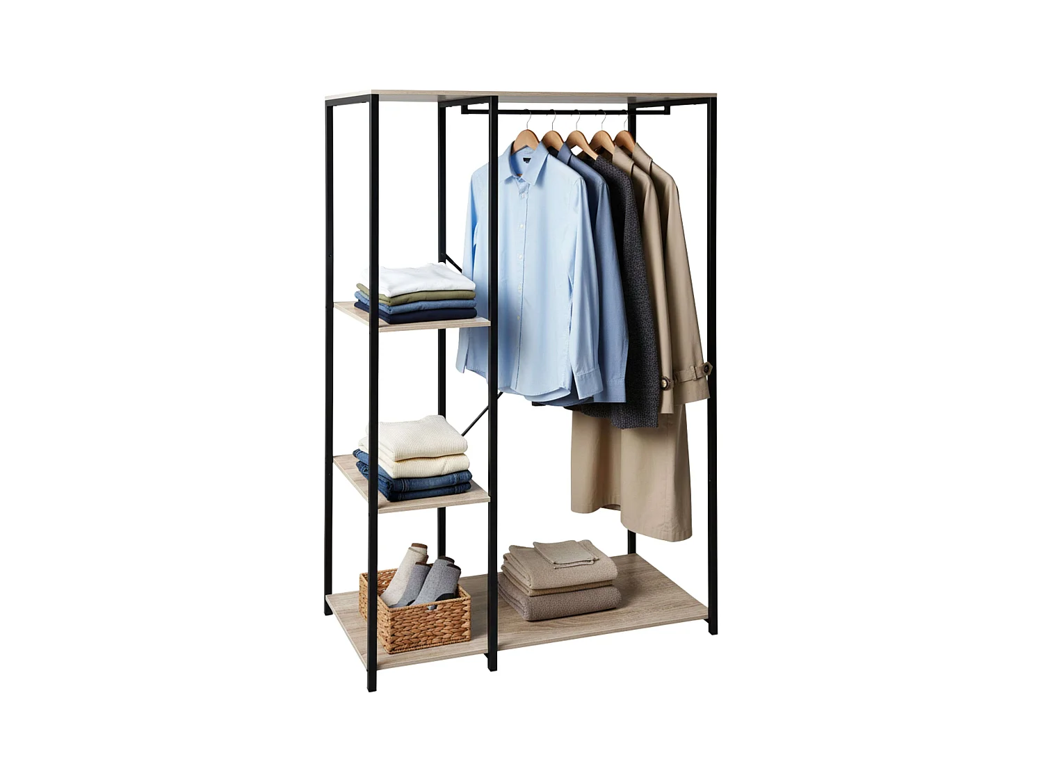 Dressing ouvert avec 3 étagères et penderie, bois clair/noir, 90x167x40 cm