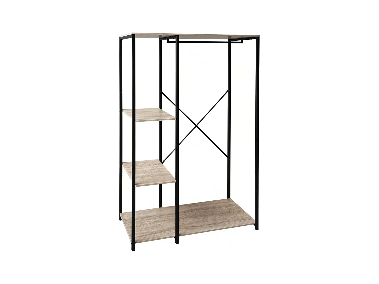 Dressing ouvert avec 3 étagères et penderie, bois clair/noir, 90x167x40 cm