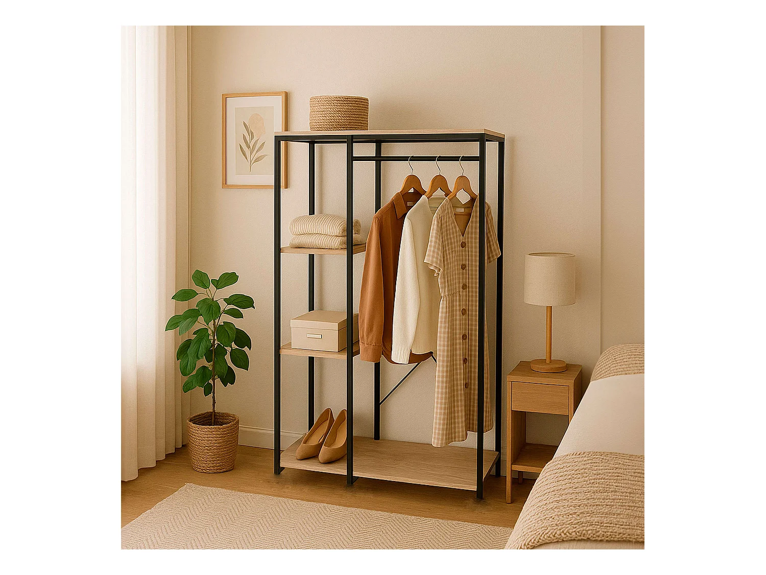 Dressing ouvert avec 3 étagères et penderie, bois clair/noir, 90x167x40 cm