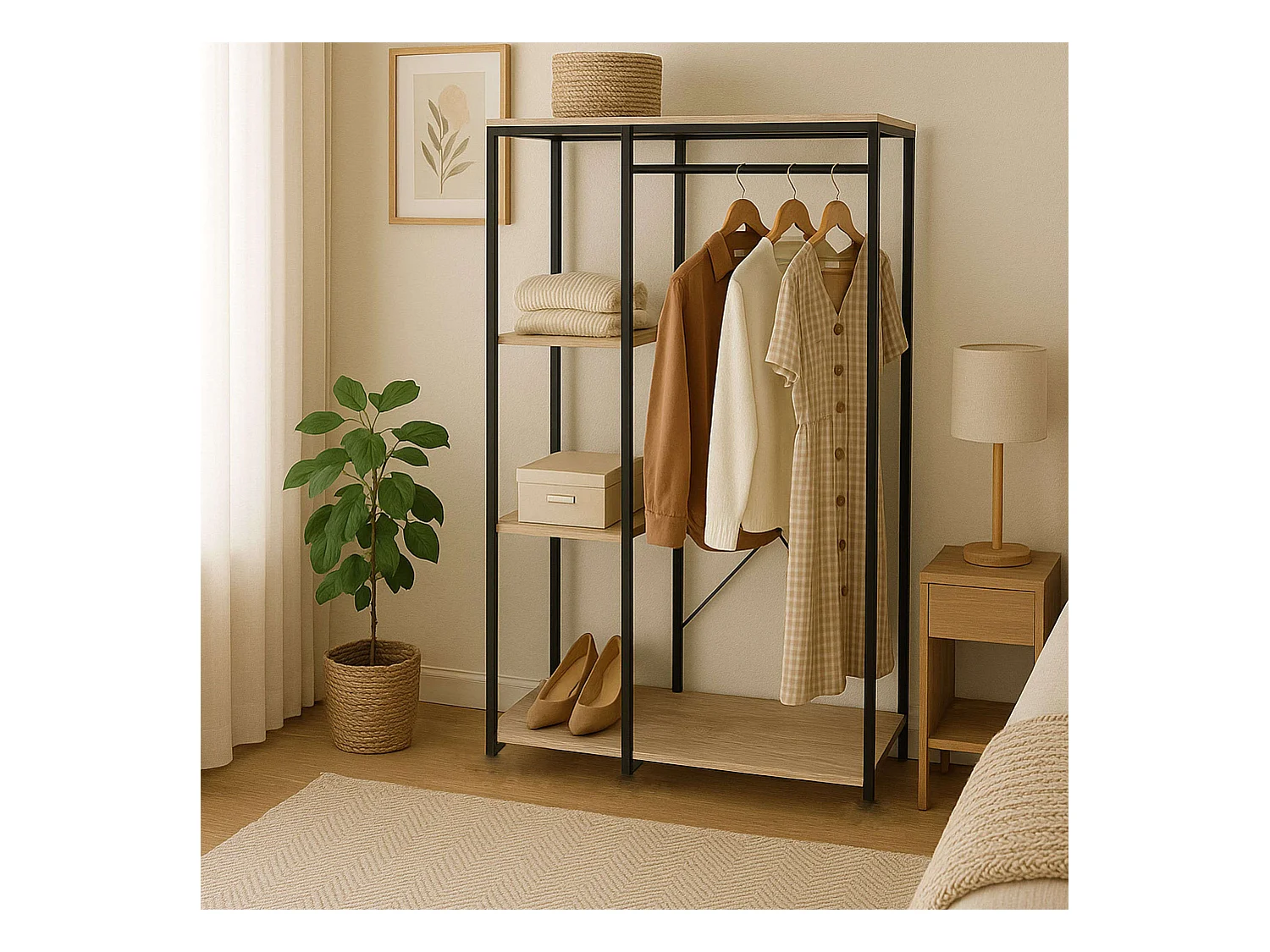 Dressing ouvert avec 3 étagères et penderie, bois clair/noir, 90x167x40 cm