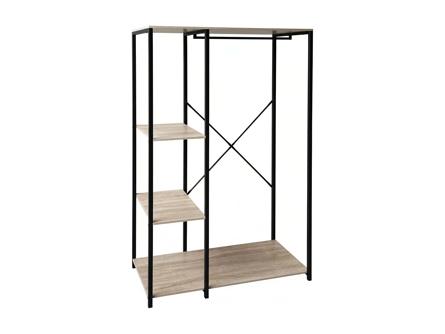 Dressing ouvert avec 3 étagères et penderie, bois clair/noir, 90x167x40 cm