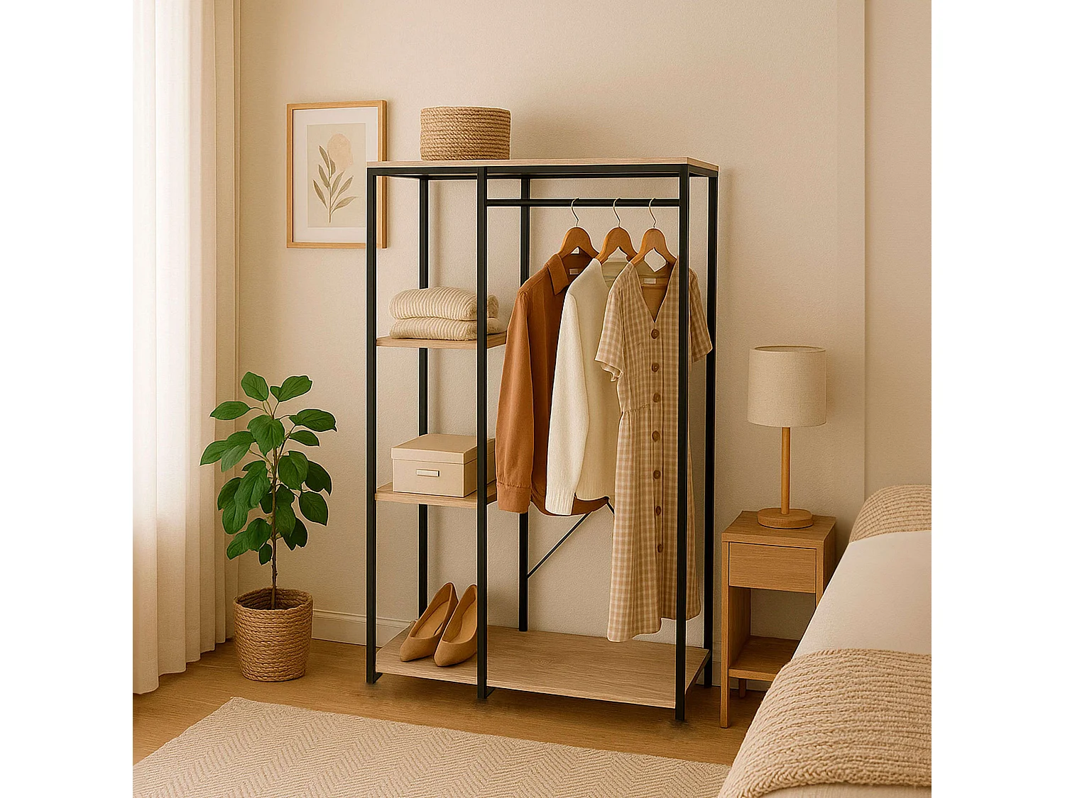 Dressing ouvert avec 3 étagères et penderie, bois clair/noir, 90x167x40 cm