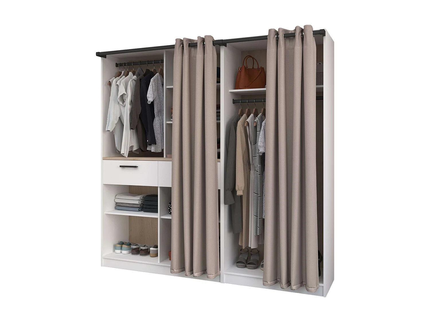 Vestidor modular Flexa abierto c/cortinas, 2 cajones, 5 estantes, 203 cm