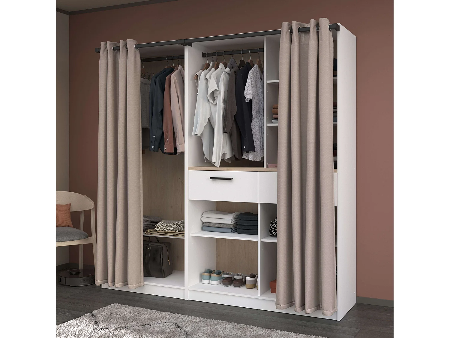 Vestidor modular Flexa abierto c/cortinas, 2 cajones, 5 estantes, 203 cm