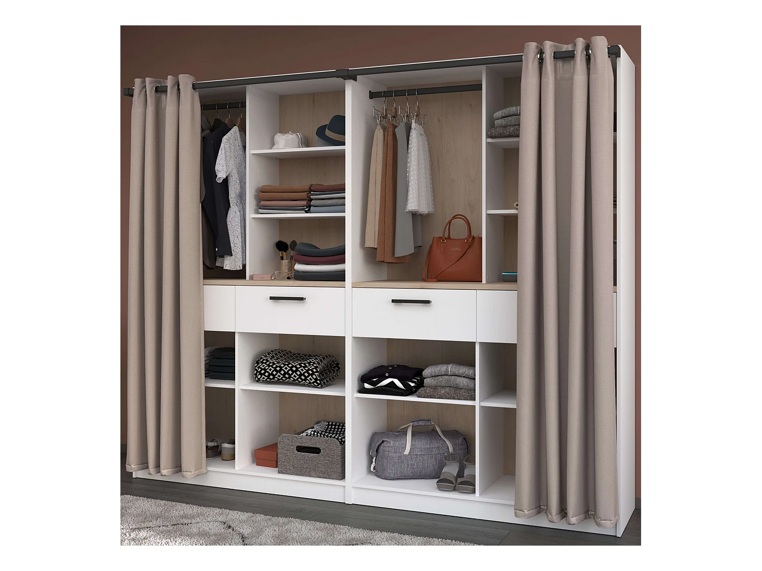 Vestidor modular Flexa 4 estantes 2 cajones madera claro blanco 240x200x50 cm