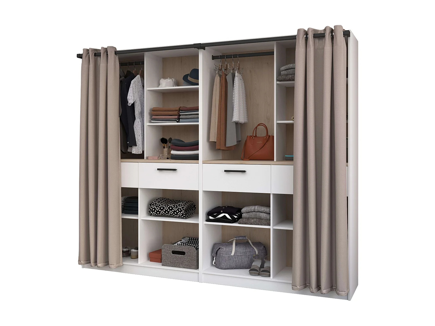 Vestidor modular Flexa 4 estantes 2 cajones madera claro blanco 240x200x50 cm