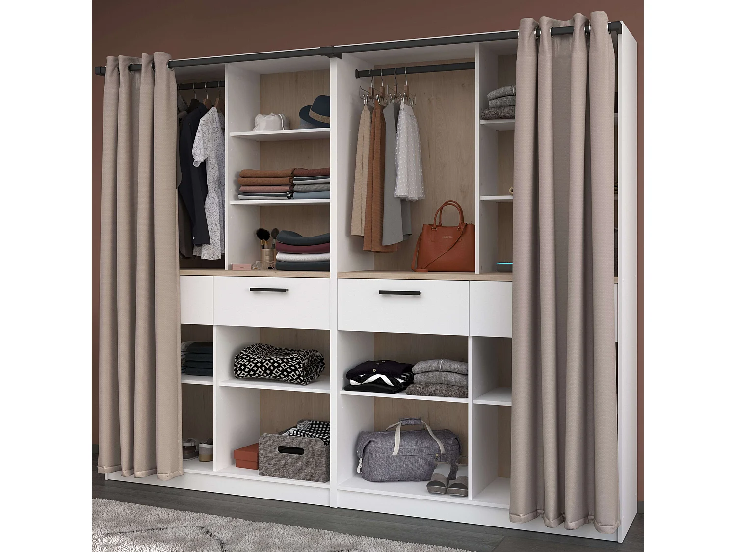 Vestidor modular Flexa 4 estantes 2 cajones madera claro blanco 240x200x50 cm