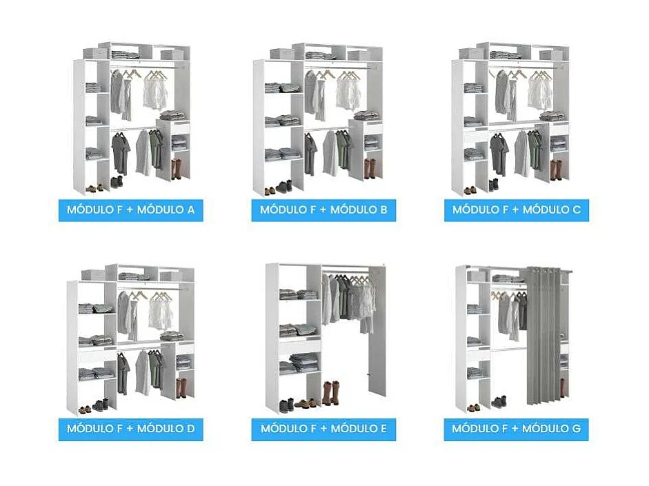 Vestidor Modular Abierto Custom Blanco con Modulo F+G 176x200 cm