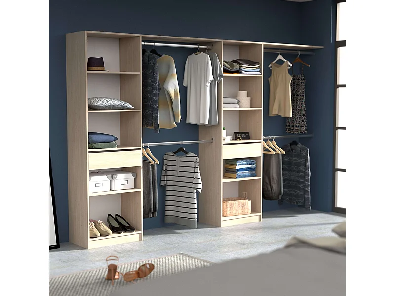 Vestidor Elios 2 Cols 5 Estantes 4 Barras 1 Cajón Madera Claro/Blanco/Negro 320x200x40 cm