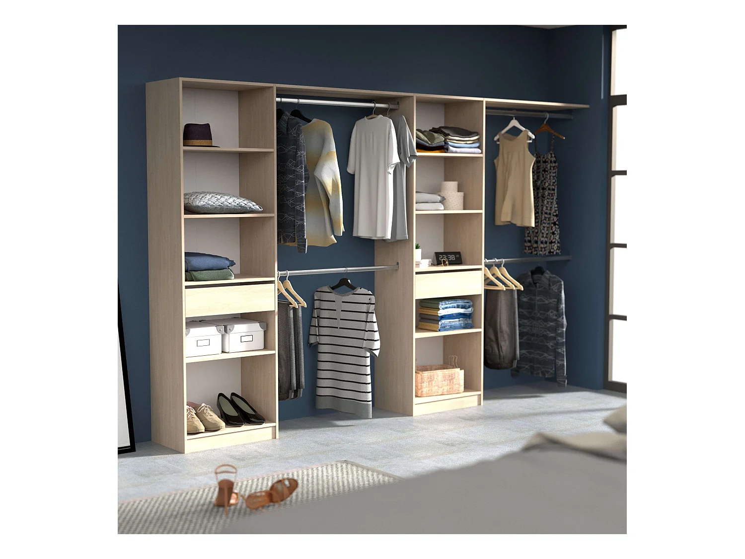 Vestidor Elios 2 Cols 5 Estantes 4 Barras 1 Cajón Madera Claro/Blanco/Negro 320x200x40 cm